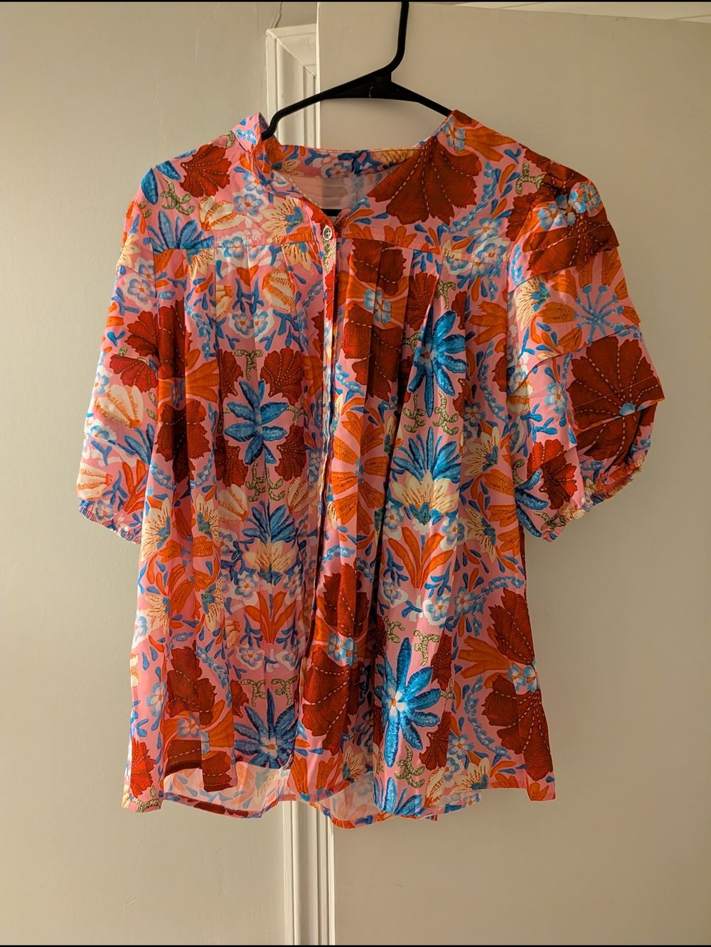 Floral Print Short-Sleeve Blouse - Pink/Red